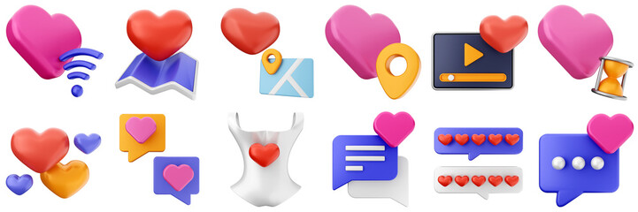 3d valentines day love heart romance present gift box 14 february icon set bundle illustration