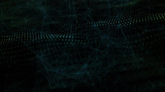Opening on black frame, glowing nodes and lines shifting into undulating mesh showing data flow