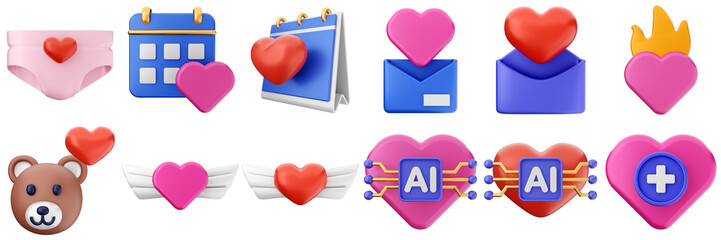 3d valentines day love heart romance present gift box 14 february icon set bundle illustration