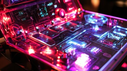 Futuristic glowing interface with complex circuitry and interactive elements