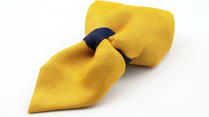 Elegant mustard yellow fabric napkin held by navy blue ring on a white background