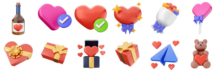 3d valentines day love heart romance present gift box 14 february icon set bundle illustration