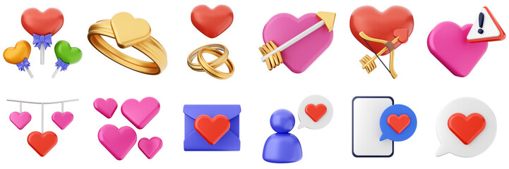 3d valentines day love heart romance present gift box 14 february icon set bundle illustration