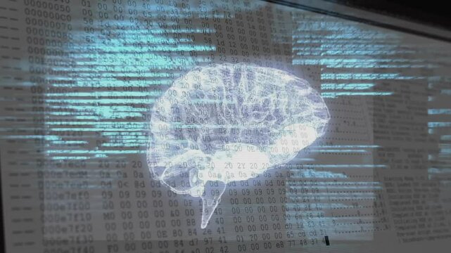 Upon 3D brain floating, code streaming through hex editor, data bands overlaying rotating, pulsing