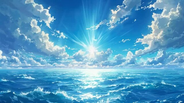 A cloudy sky with a hint of sunlight breaking through over a vast ocean, Japanese animation background.