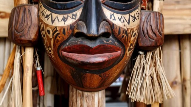 Close-up of an ornate, hand-carved wooden tribal mask with reddish lips and attached raffia strands on a bamboo wall.