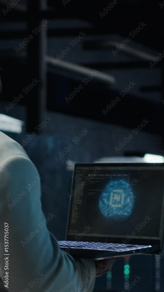 Poster vertical video it expert walking in server hub using laptop to enhance ai model accuracy. data cente