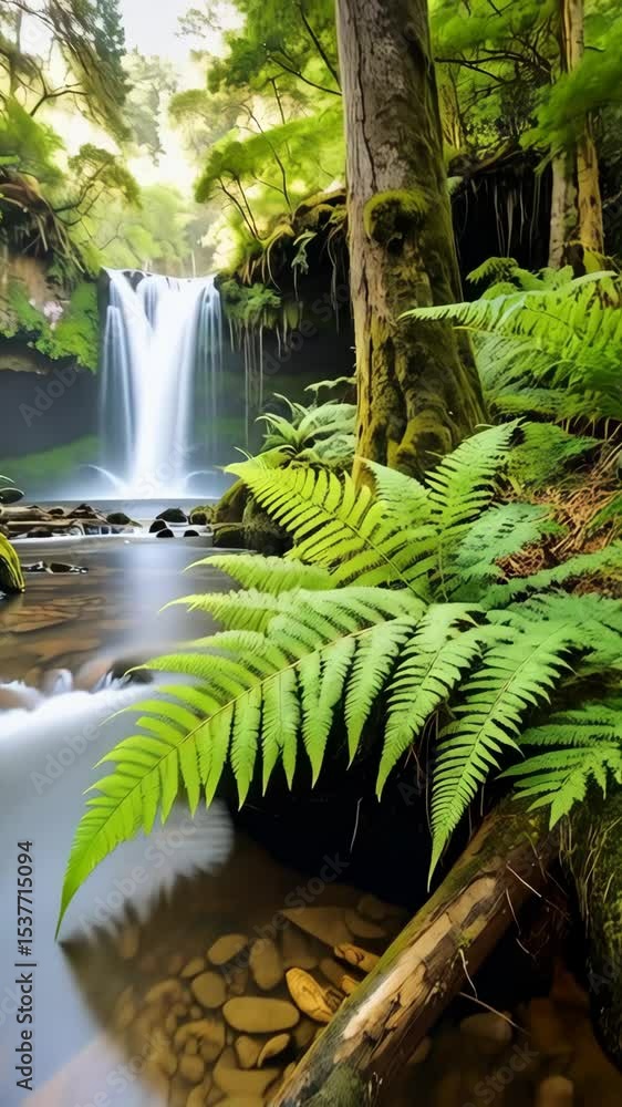 Poster majestic waterfall cascading down rocks into a stream surrounded by lush ferns and trees in a peacef