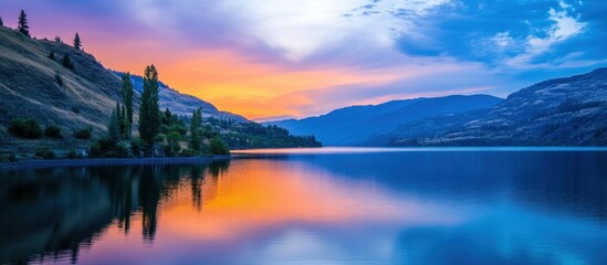 Scenic lakeside vista at twilight with vibrant hues reflecting in tranquil waters