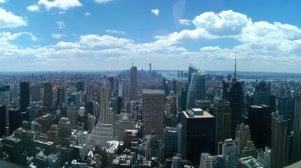 Dramatic New York City skyline view under a summer sky filled with soft clouds