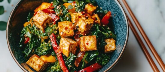 Delectable fried tofu salad with fresh greens, vibrant peppers, and sesame seeds