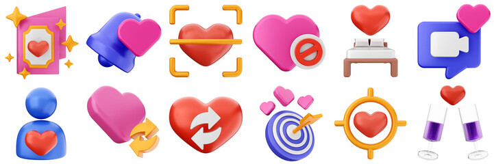 3d valentines day love heart romance present gift box 14 february icon set bundle illustration