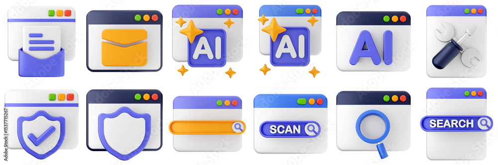 Poster 3d website webpage data digital communication icon set bundle illustration