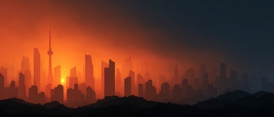 Fototapeta premium Dramatic Cityscape Sunset Silhouette Urban Skyline Golden Hour Modern Architecture Hig