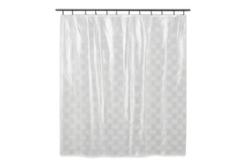 Pristine white shower curtain draping elegantly from metal rod, highlighting minimalist bathroom decor against transparent backdrop
