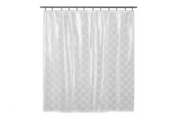 Pristine white shower curtain draping elegantly from metal rod, highlighting minimalist bathroom decor against transparent backdrop