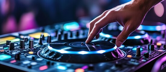 Intense view of a dj expertly handling the sound mixer during performance