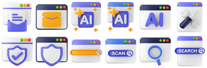 3d website webpage data digital communication icon set bundle illustration