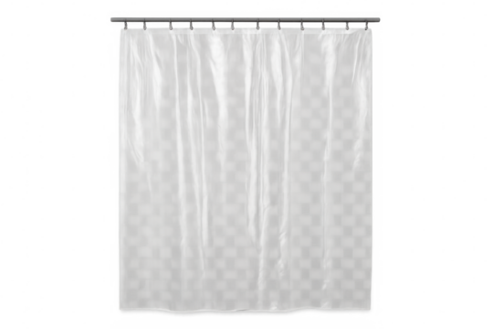 Pristine white shower curtain draping elegantly from metal rod, highlighting minimalist bathroom decor against transparent backdrop