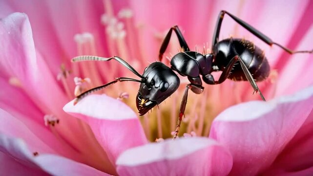A detailed macro photo showing a black ant navigating the petals of a soft pink flower, emphasizing the relationship between insects and flora in the natural world..