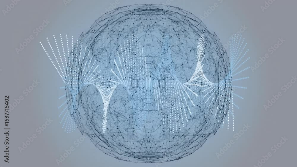 Poster Spinning wireframe sphere bulging into lobes pulsing waves then fading into dots showing data flow