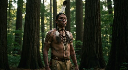 Fototapeta premium Native American Warrior Standing Tall in Forest Embodiment of Nature Strength and Tradition Spirituality Exploration
