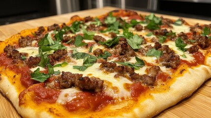 Delicious homemade sausage pizza with fresh basil on a rustic wooden serving board