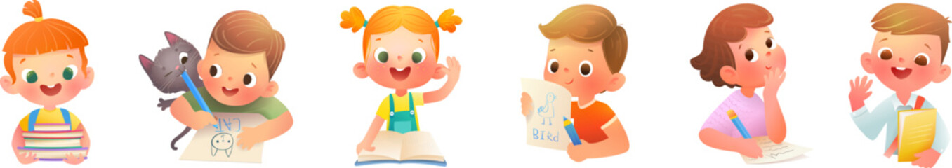 Smart kids writing and reading, back to school avatar collection. School children characters with books pencils and notebooks study to write and read. Vector children educational cartoon clip art.