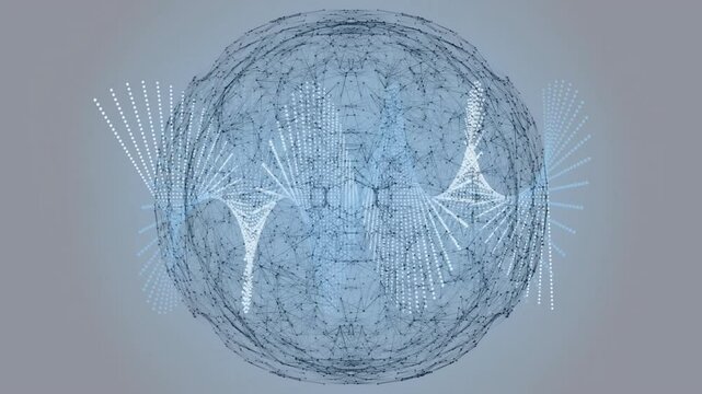 Spinning wireframe sphere bulging into lobes pulsing waves then fading into dots showing data flow
