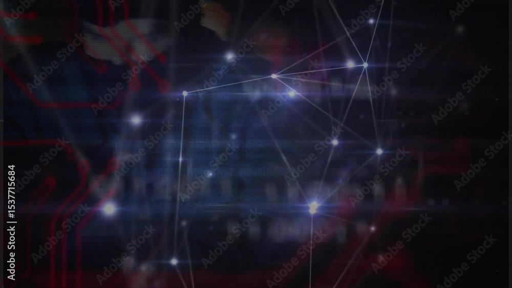 Poster White-blue nodes linking into glowing web red traces then sparking flare while binary code emerging