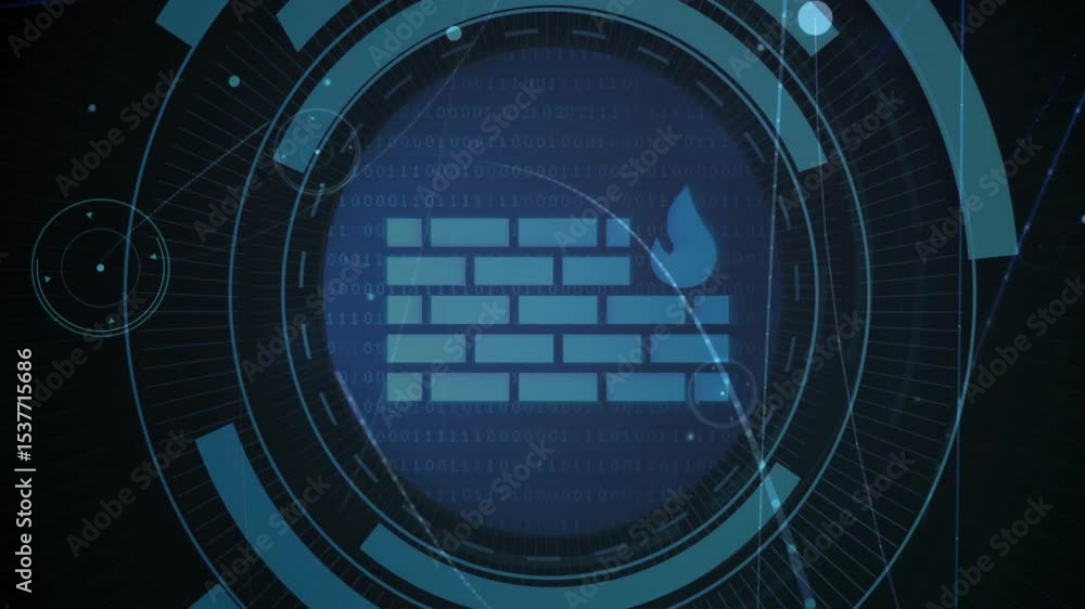 Poster starting navy drifting particles, teal segmented rings rotating around firewall icon for security