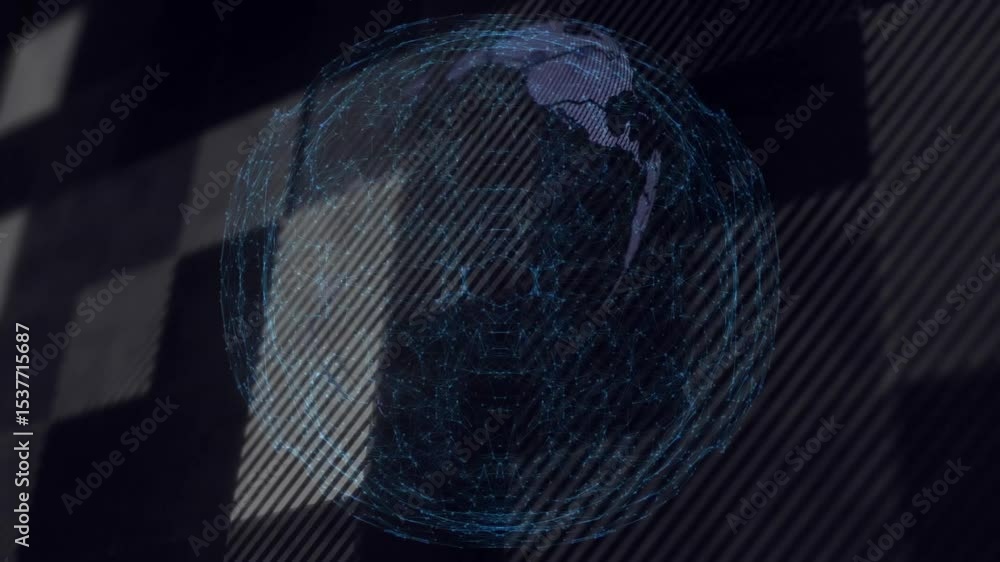 Poster sphere against grid elongating, coalescing continents and node clusters, transforming into network