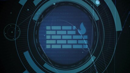 Starting navy drifting particles, teal segmented rings rotating around firewall icon for security - Powered by Adobe