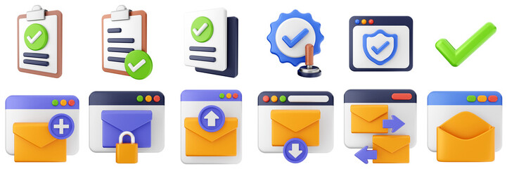 3d website webpage approved data digital communication icon set bundle illustration