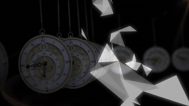 Brass watches swinging, triangles materializing, multiplying and swirling to create light patterns