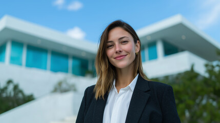 Hispanic female real estate agent smiling at camera in blue suit and white shirt standing in front of modern luxury house. 