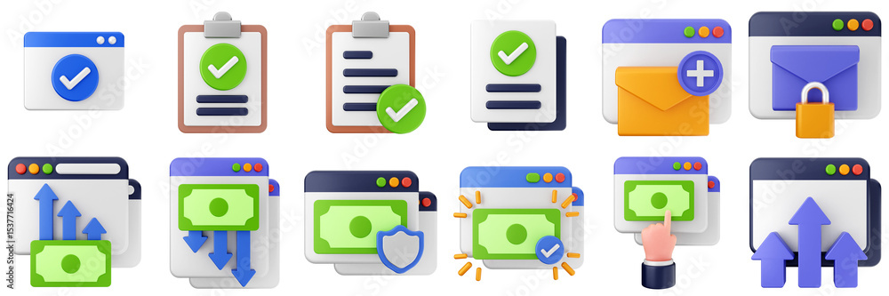 Poster 3d website webpage approved data digital communication icon set bundle illustration