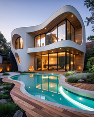 Stylish architectural white curved villa property beside crystal clear swimming pool building exterior wallpaper background