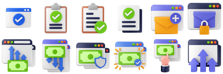 3d website webpage approved data digital communication icon set bundle illustration