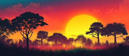 Enthralling sunset illuminates silhouetted trees, painting the sky with warm hues