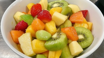 Colorful fruit salad medley with fresh strawberry, kiwi, melon, pineapple cubes
