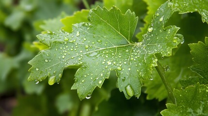 Vineyard's Refreshment: Green leaf of grape vine adorned with water droplets after rain