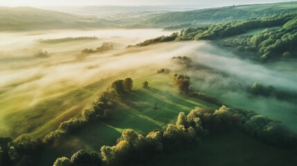 Ethereal light across rolling hills, a tranquil morning in the countryside