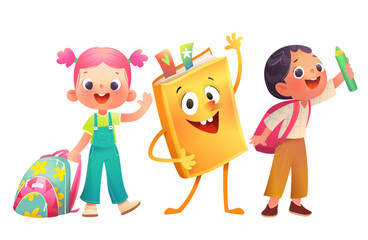 Cheerful schoolgirl schoolboy and a big book characters with backpacks. Elementary school students with book character, back to school clip art. Cartoon vector children illustration for kids education