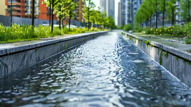 A drainage channel collects rainwater on the city outskirts. Concept Urban Infrastructure, Stormwater Management.