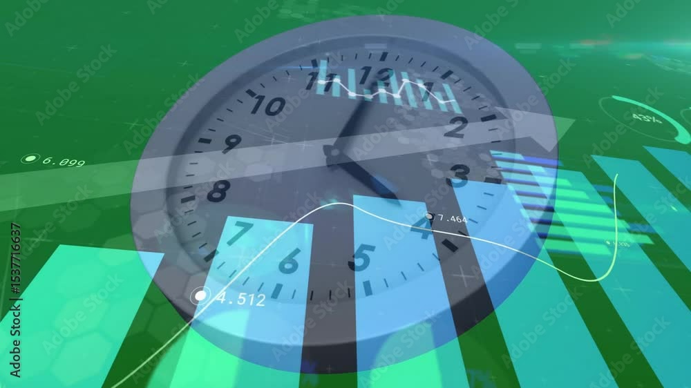 Poster on data update, analog clock hands rotating with pulsing bars and sweeping graph visualizing data