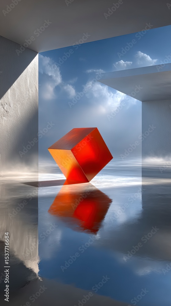 Poster red cube reflection minimalist abstract art modern architecture sky studio