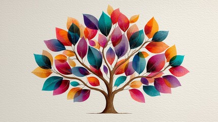 Vibrant watercolor family tree with colorful leaves on transparent background, minimalist design with copy space