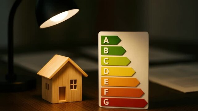 A miniature wood house sits under a desk lamp beside an a-to-g efficiency chart. Concept of sustainable home energy rating.