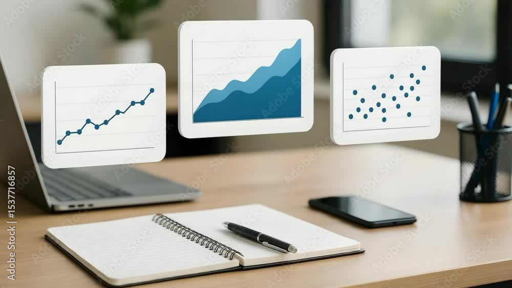 Poster three translucent panels show line, area and scatter charts hovering above a tidy wooden desk. conce